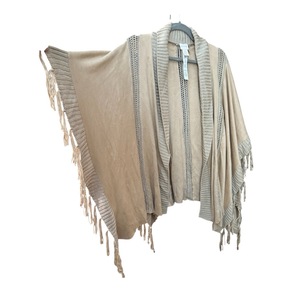 Chico’s Fringe Kimono Cardigan OS Boho Western Coastal Cowgirl Neutral Layerin - Picture 2 of 4
